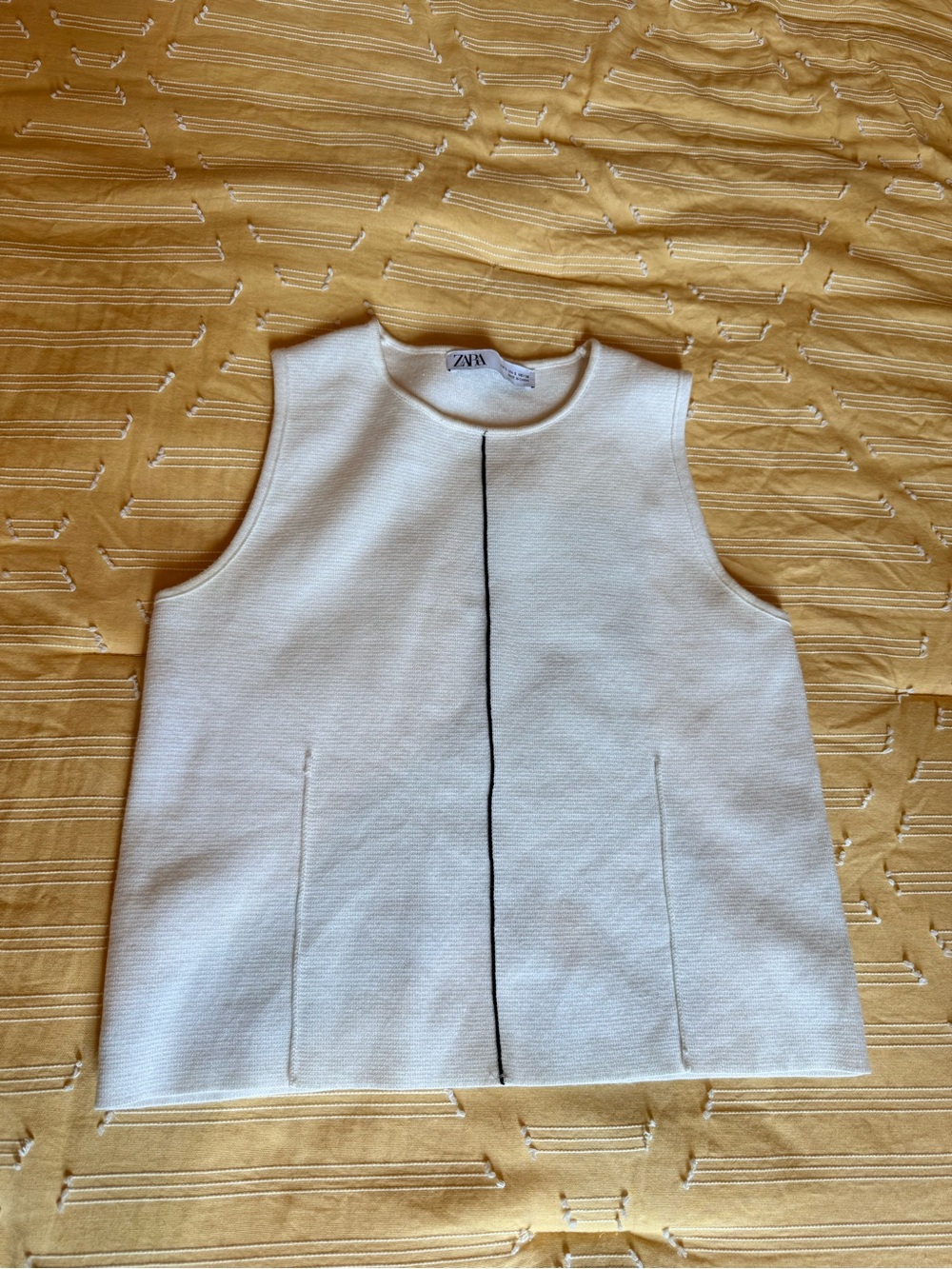 ZARA Sleeveless White Textured crop with Black Center Stitch